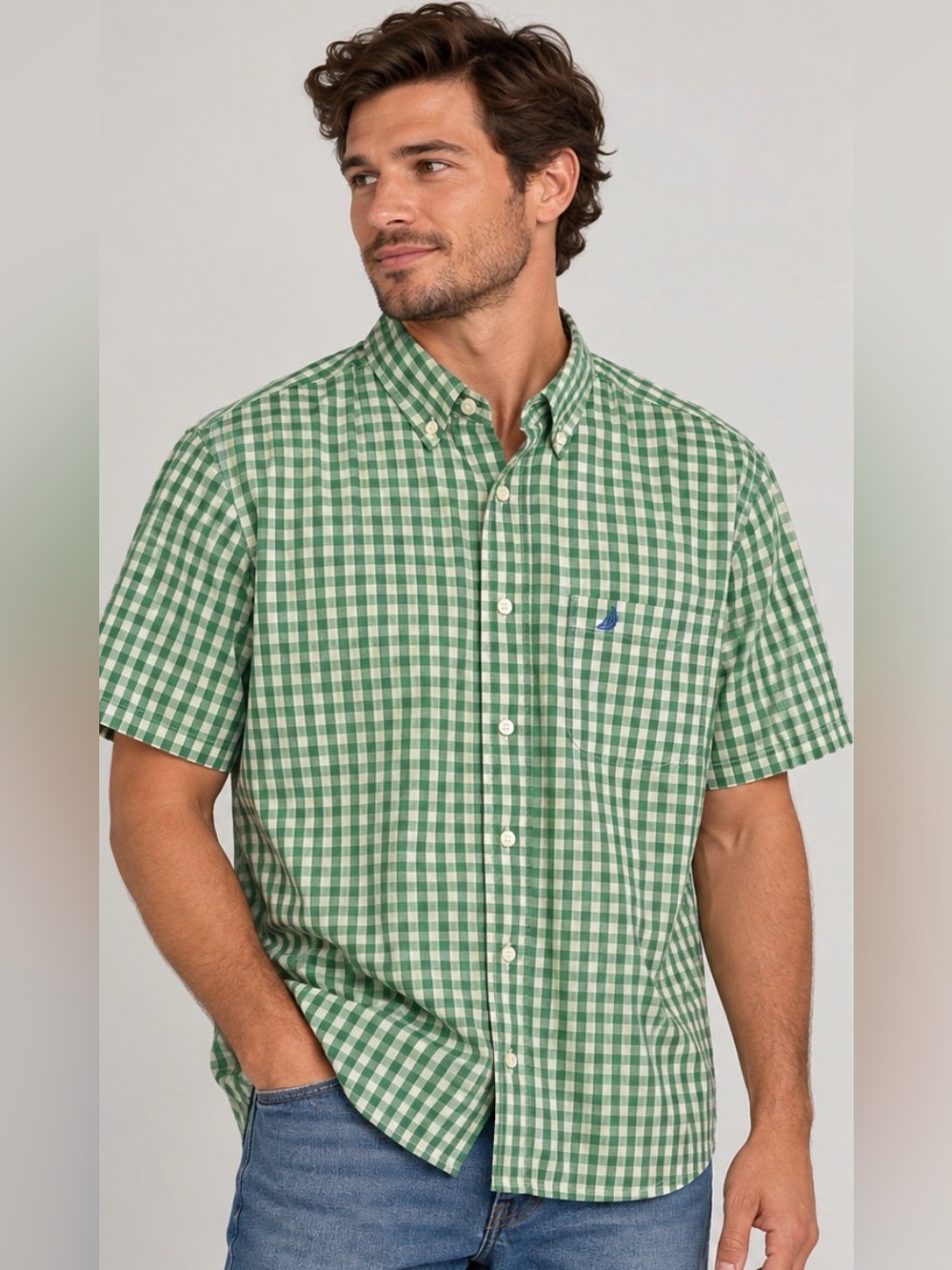 Mobile Bay Mens Large Green Gingham Short Sleeve Button Up Fishing Shirt Vented‎